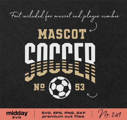 Soccer team logo template with mascot and player number, includes SVG, EPS, PNG, DXF files for Cricut and Silhouette.