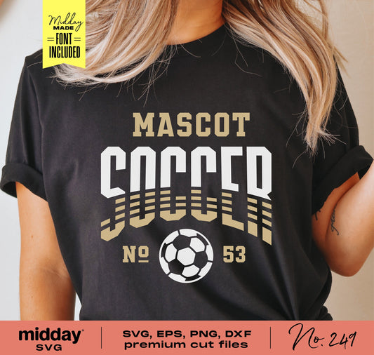 Person wearing a black t-shirt with 'Mascot Soccer' design, available in SVG, EPS, PNG, DXF formats for Cricut and Silhouette crafting.