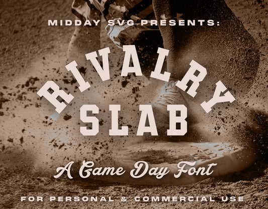 Rivalry Slab font showcased with sports imagery, ideal for baseball, football, volleyball, and more. Perfect for game day designs.
