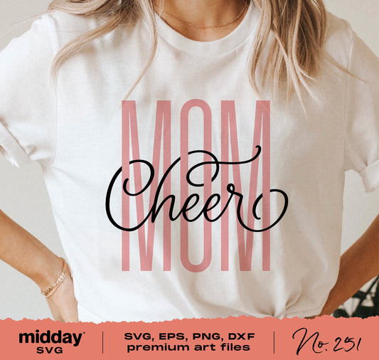White t-shirt with "Cheer Mom" design in elegant script style for Cricut and Silhouette crafting. Includes SVG, PNG, DXF, and EPS files.