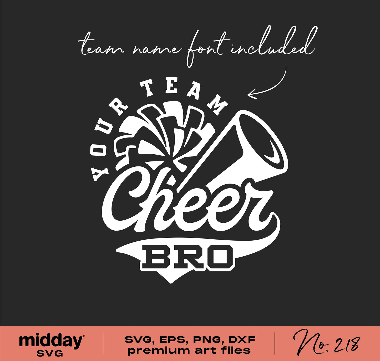 Cheer Bro SVG design with megaphone and pom poms, includes team name font, ideal for Cricut and Silhouette cutting, sublimation use.