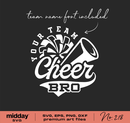 Cheer Bro SVG design with megaphone and pom poms, includes team name font, ideal for Cricut and Silhouette cutting, sublimation use.