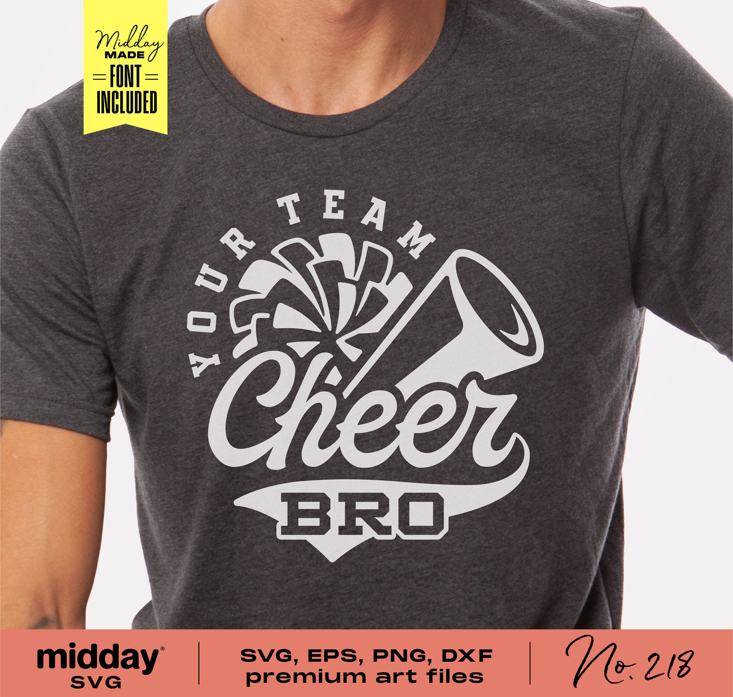 Person wearing t-shirt with 'Your Team Cheer Bro' design, featuring a cheer cone and pompom graphic. Suitable for Cricut and Silhouette cut files.