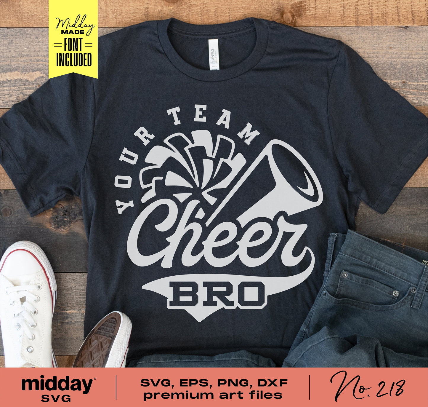 "Cheer Bro" SVG design on black t-shirt with megaphone and pompom graphic, includes SVG, EPS, PNG, DXF files and customizable font.