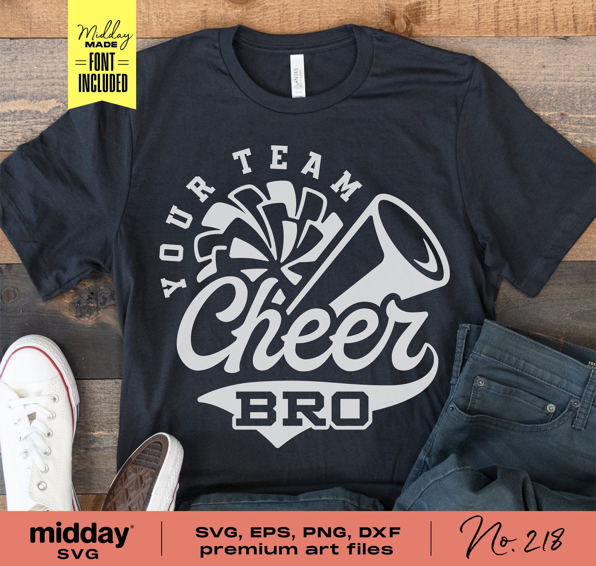 "Cheer Bro" SVG design on black t-shirt with megaphone and pompom graphic, includes SVG, EPS, PNG, DXF files and customizable font.