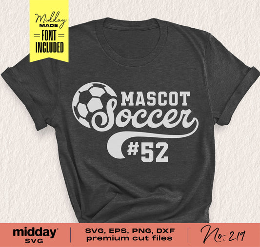 Black t-shirt with soccer team design, featuring a ball and text 'Mascot Soccer #52', SVG PNG DXF EPS cut files included.