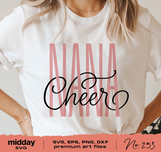 Cheer Nana shirt with woven script design for grandmas, suitable for Cricut and Silhouette crafting, displayed on a white tee.