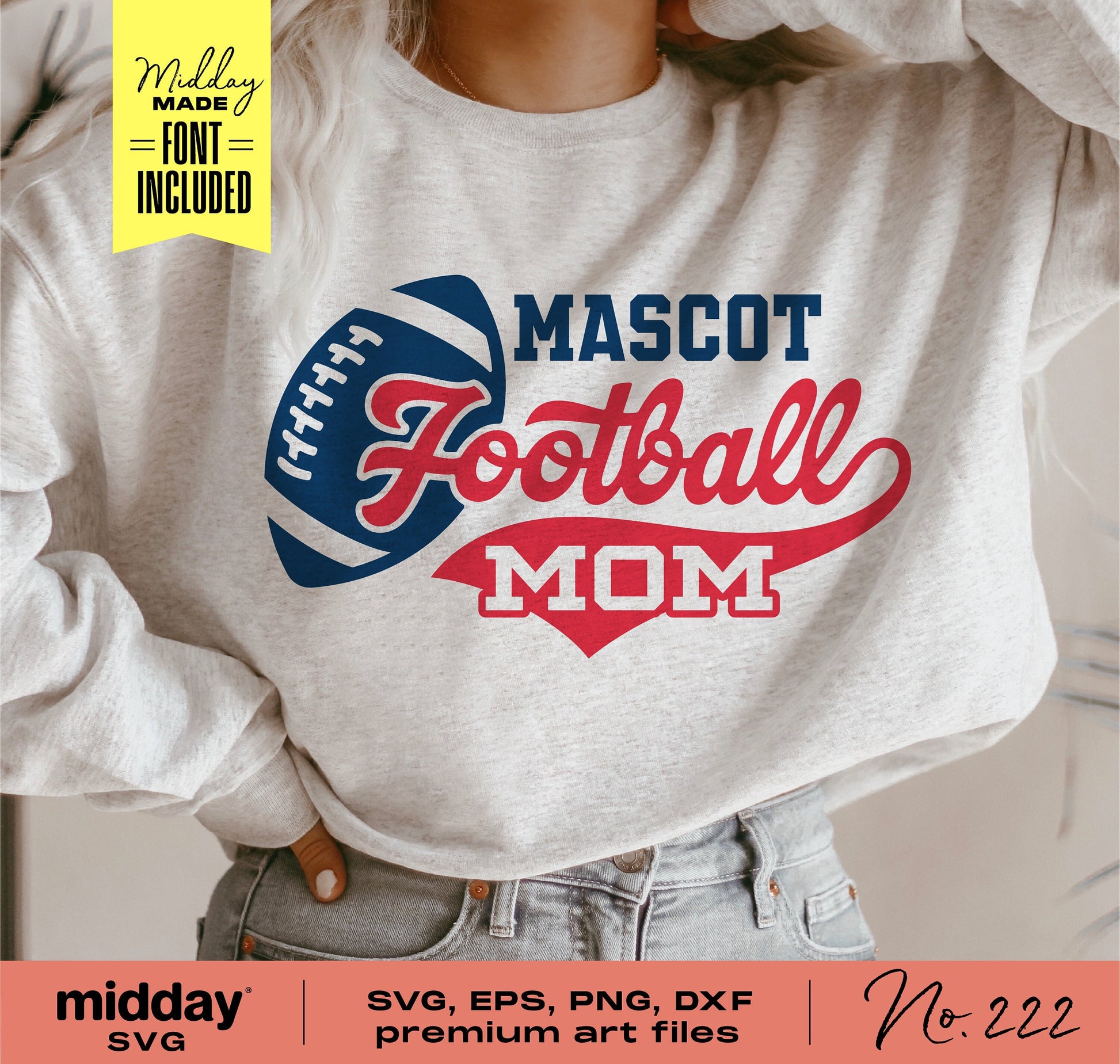 Women's sweater with 'Mascot Football Mom' design in red and blue, SVG and font included, ideal for Cricut and Silhouette.