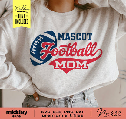 Women's sweater with 'Mascot Football Mom' design in red and blue, SVG and font included, ideal for Cricut and Silhouette.