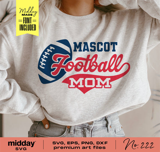Women's sweater with 'Mascot Football Mom' design in red and blue, SVG and font included, ideal for Cricut and Silhouette.