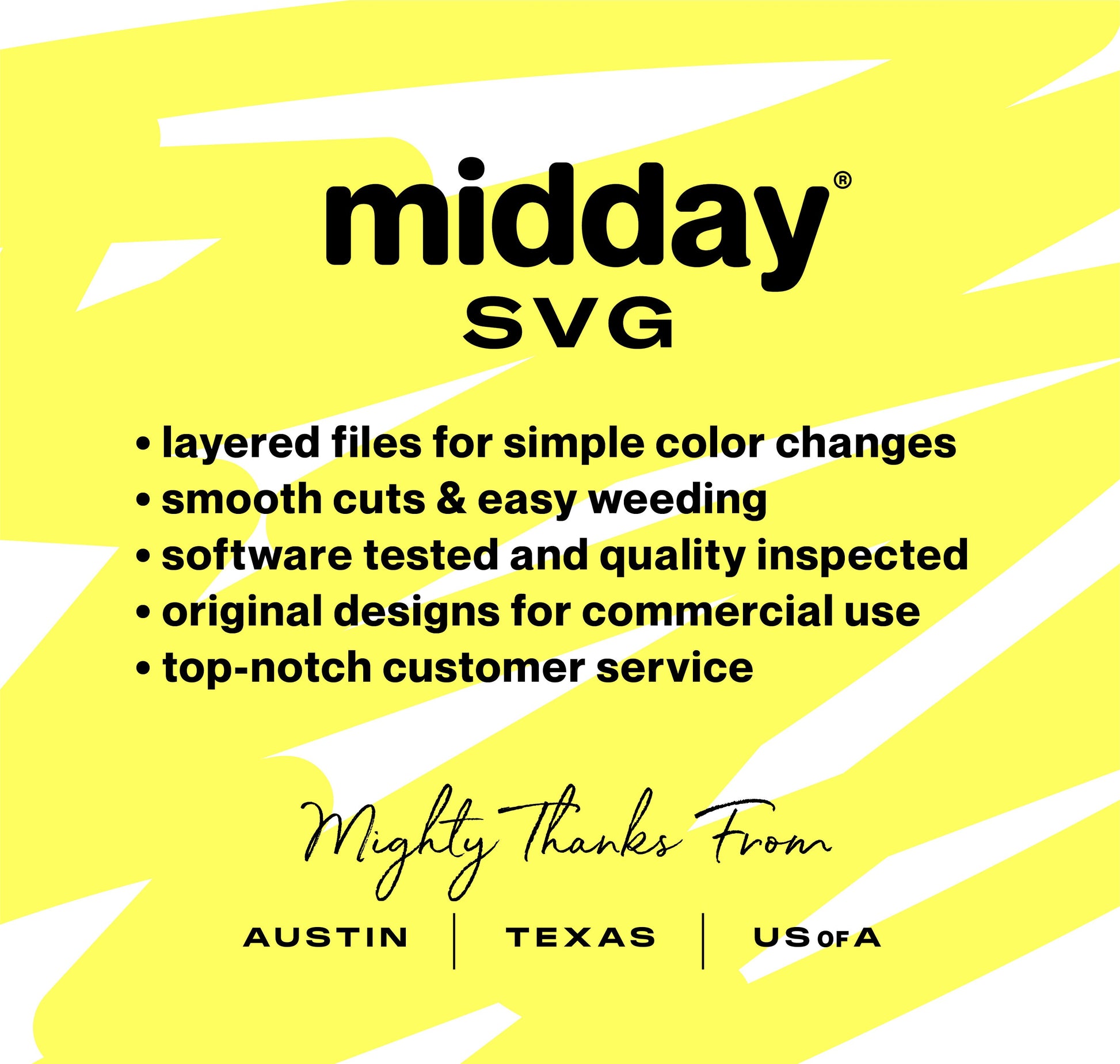 Yellow graphic for Midday SVG promoting layered files, easy weeding, quality inspection, commercial designs, and customer service.