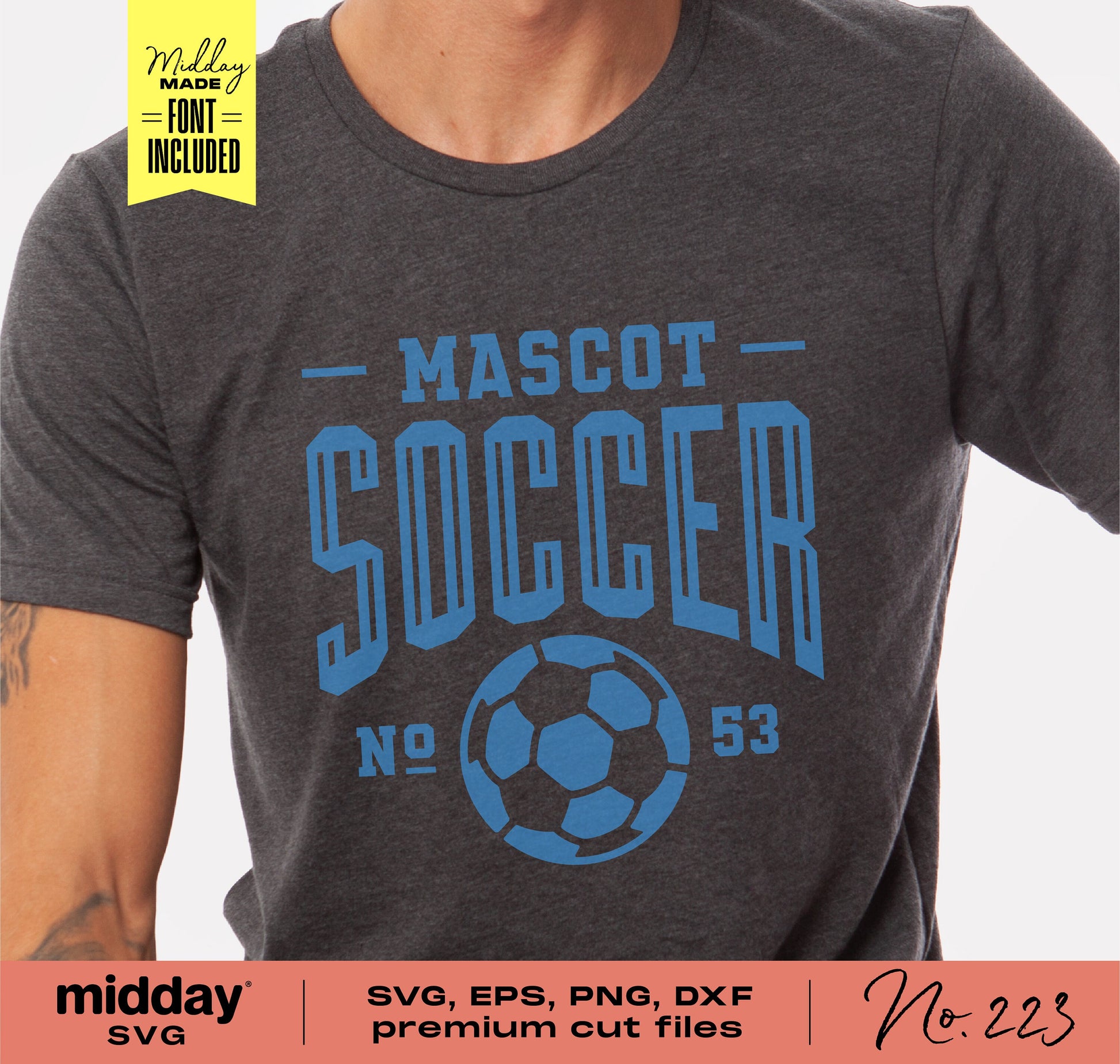 Gray t-shirt featuring 'Mascot Soccer' design with blue text and a soccer ball, premium cut files included, suitable for Cricut and Silhouette.