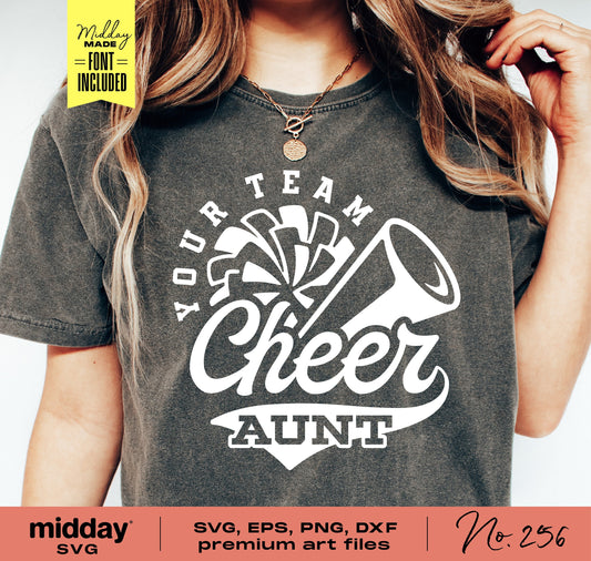 Cheer Aunt shirt with megaphone and pom pom design, featuring SVG, EPS, PNG, DXF formats for Cricut and Silhouette cutting machines.