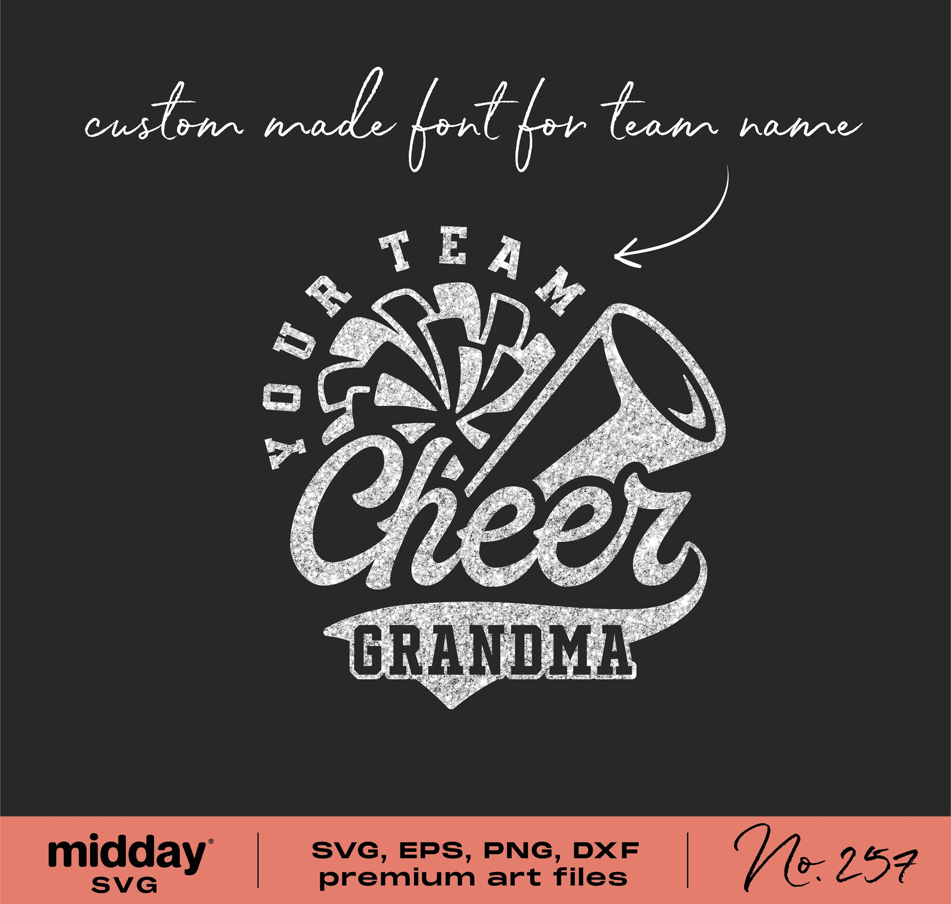 Cheer Grandma SVG design with megaphone and pom pom graphic, custom font for team name, perfect for Cricut and Silhouette projects.