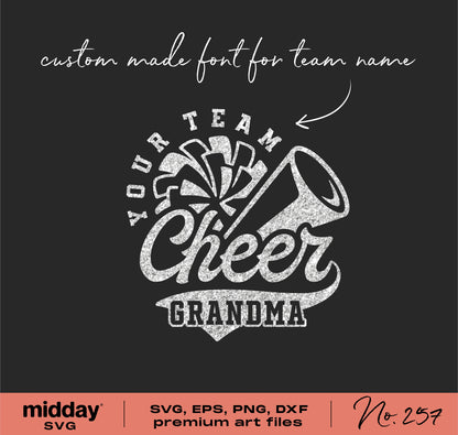 Cheer Grandma SVG design with megaphone and pom pom graphic, custom font for team name, perfect for Cricut and Silhouette projects.