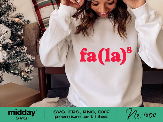 Person wearing a funny Christmas shirt with red "Fa La" text, suitable for Cricut and Silhouette projects, featuring festive design.
