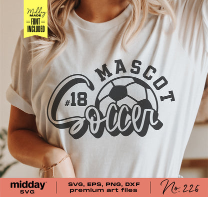 Soccer shirt design featuring 'Mascot #18 Soccer' with a soccer ball graphic, perfect for Cricut and Silhouette projects.