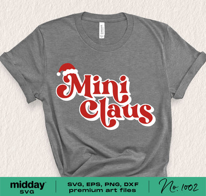 Gray Christmas t-shirt for kids with 'Mini Claus' in red, includes SVG, PNG, DXF, and EPS formats for Cricut and Silhouette.