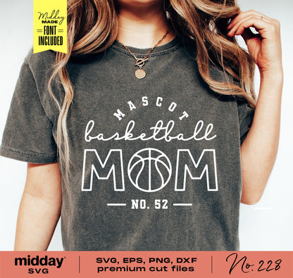 Woman wearing Basketball Mom shirt with svg, png, dxf, eps design for Cricut and Silhouette crafting.