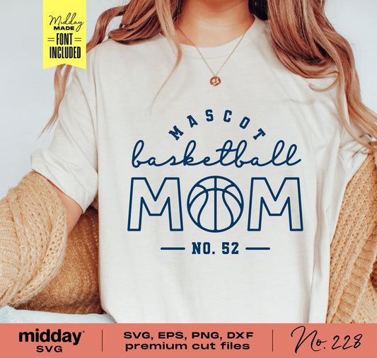 Basketball Mom SVG design on a t-shirt with font included, available as SVG, EPS, PNG, DXF cut files by midday SVG, No. 228.