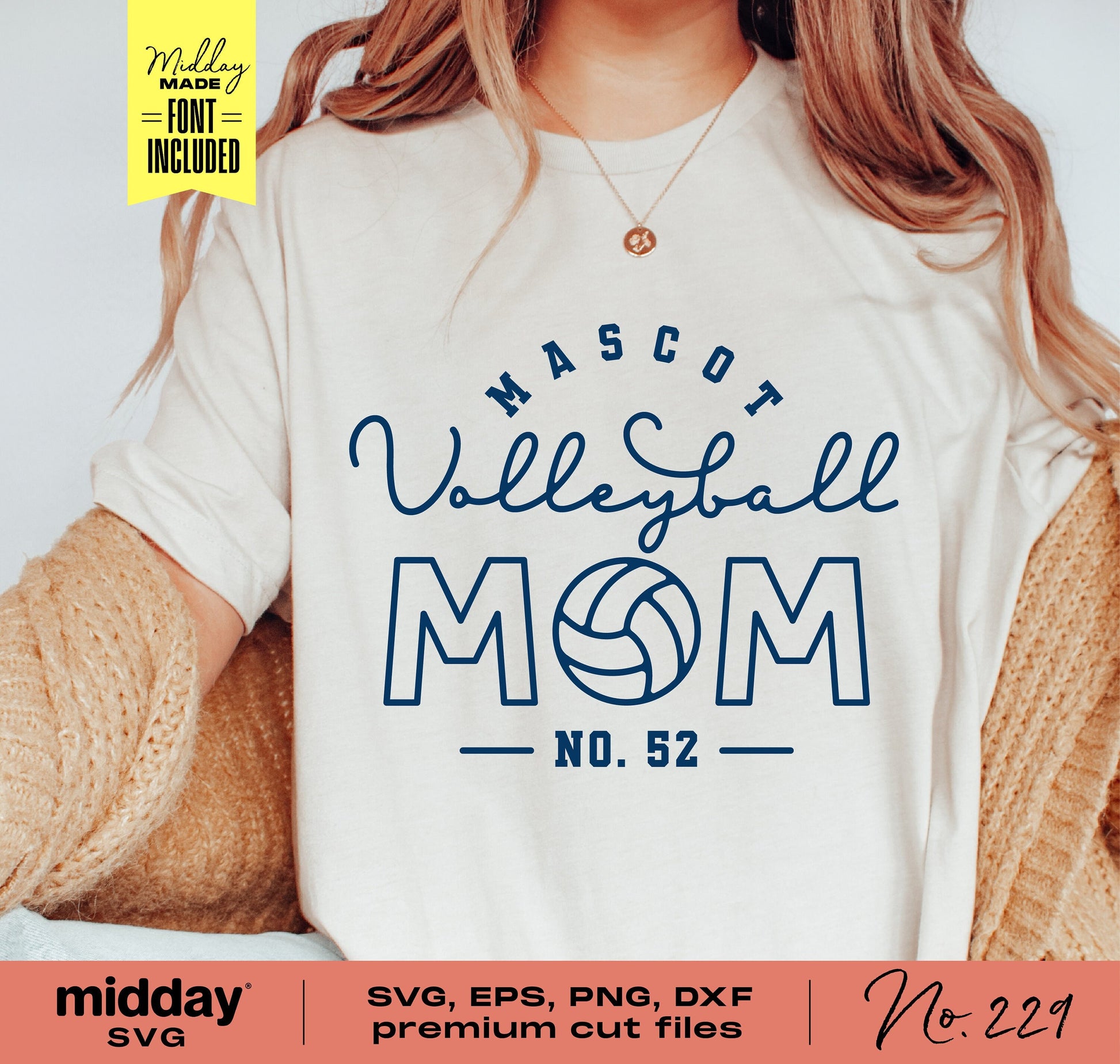 Woman wearing a 'Mascot Volleyball Mom No. 52' shirt, showcasing SVG, EPS, PNG, DXF design for premium cut files.
