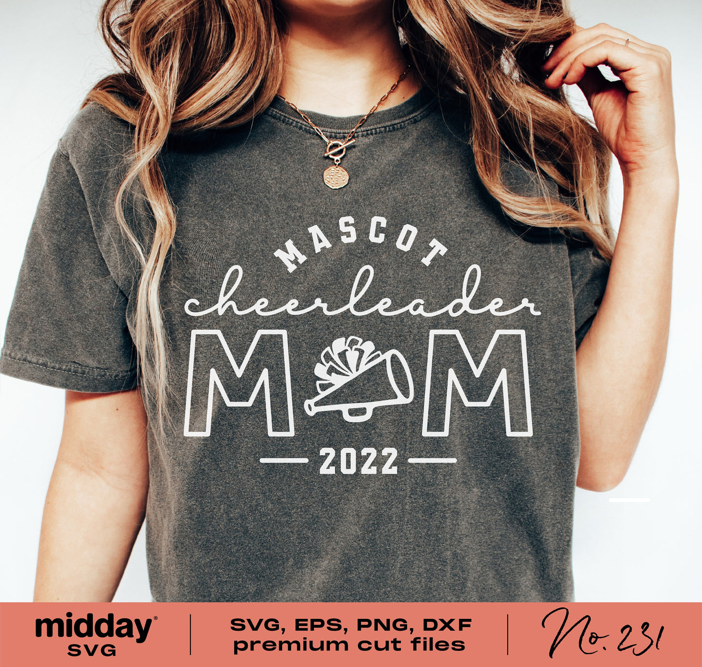 Cheerleader Mom shirt design with mascot, featuring SVG, DXF, PNG, and EPS cut files for Cricut and Silhouette crafting.