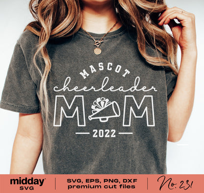 Cheerleader Mom shirt design with mascot, featuring SVG, DXF, PNG, and EPS cut files for Cricut and Silhouette crafting.