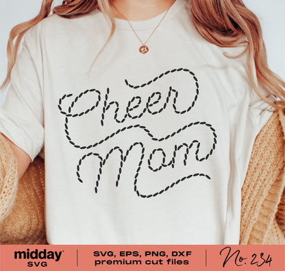 Stitched Cheer Mom design on a white T-shirt, available in SVG, PNG, DXF, EPS formats for crafting, perfect for Cheer Mom apparel.