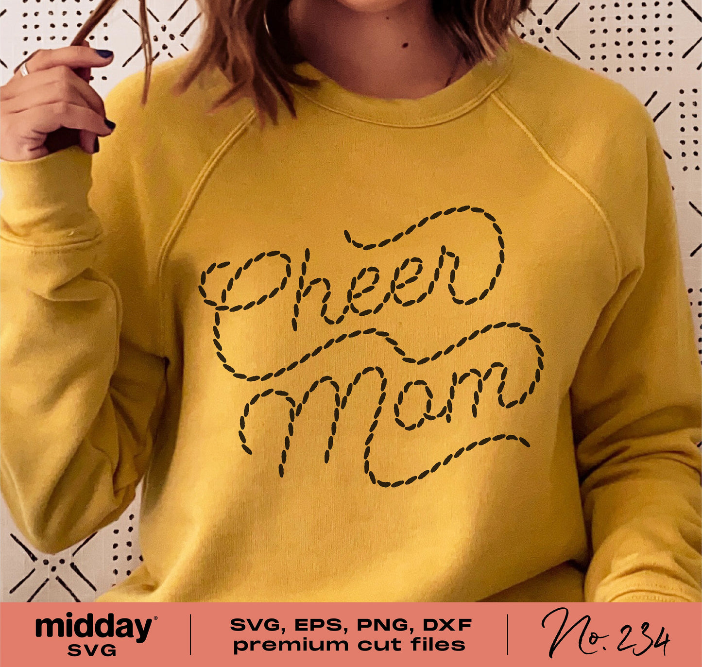 Yellow sweatshirt with 'Cheer Mom' stitched design, suitable for SVG, EPS, PNG, DXF crafting and sublimation projects.