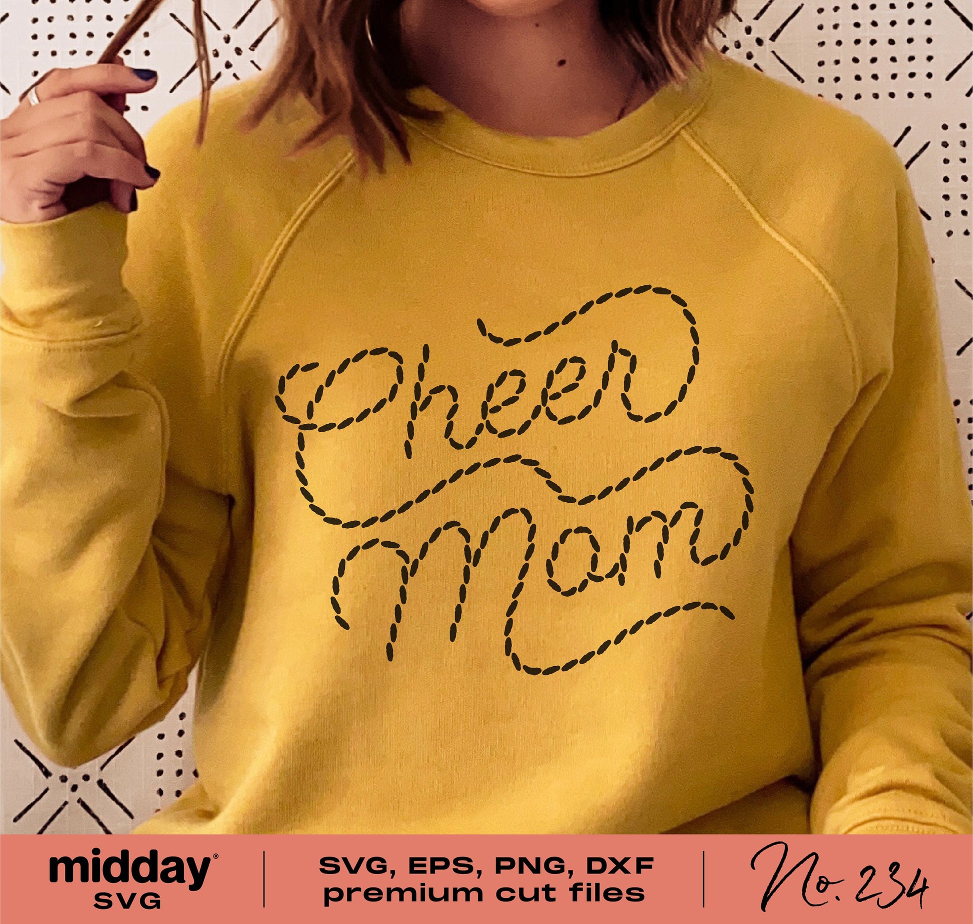 Yellow sweatshirt with 'Cheer Mom' stitched design, suitable for SVG, EPS, PNG, DXF crafting and sublimation projects.