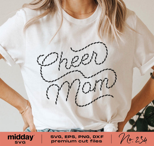 Woman wearing a shirt with a 'Cheer Mom' stitched design, available as SVG, PNG, DXF, EPS for crafting shirts, tumblers, and more.