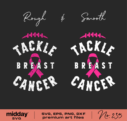 Tackle Breast Cancer awareness designs with football and pink ribbon graphics in rough and smooth style, available in SVG, EPS, PNG, DXF formats.