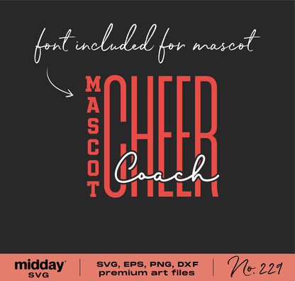 Cheer Coach SVG design with mascot font, ideal for Cricut and Silhouette, includes SVG, PNG, DXF, EPS formats.