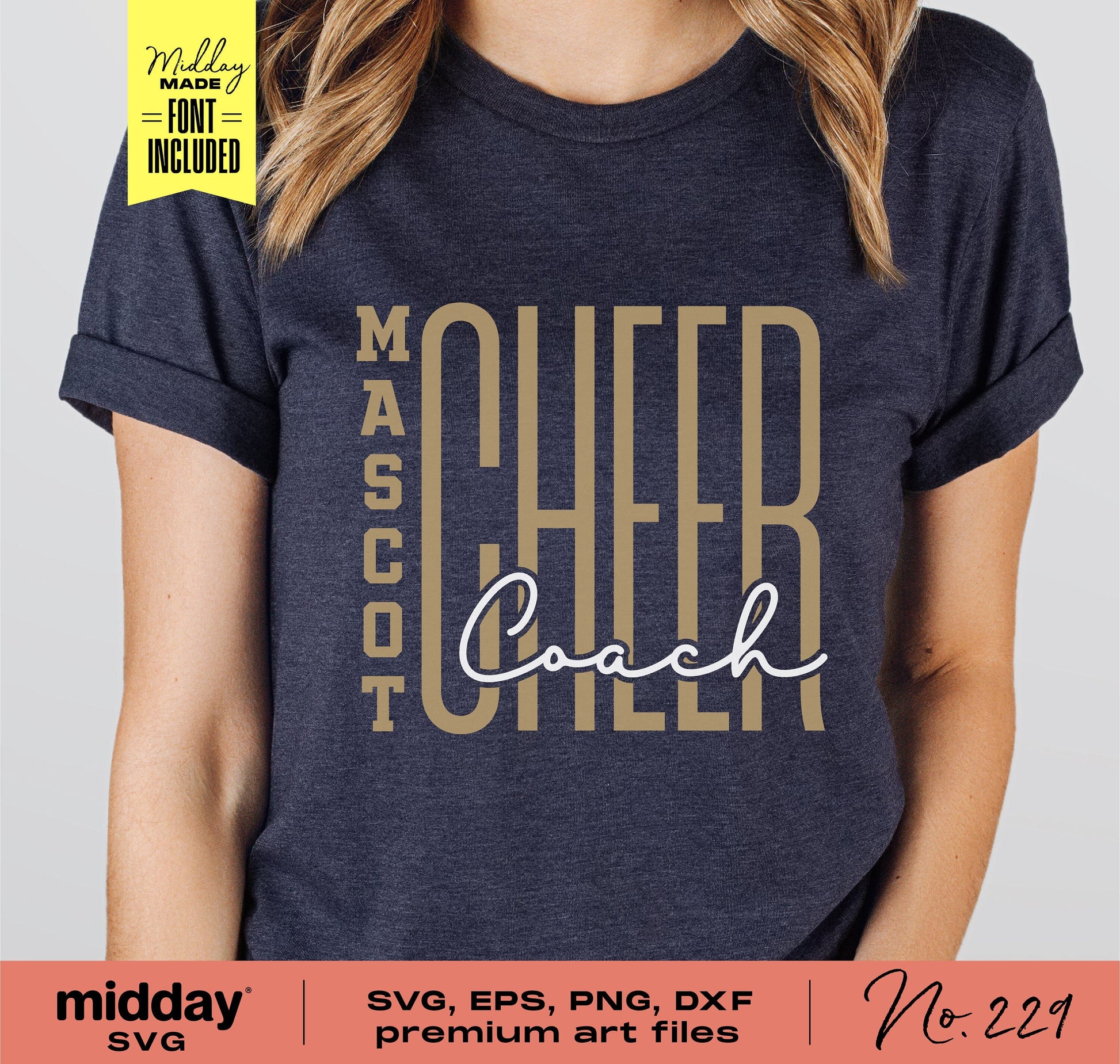 Cheer Coach shirt design featuring 'Mascot Cheer Coach' text, available in SVG, PNG, DXF formats for Cricut and Silhouette cutting.