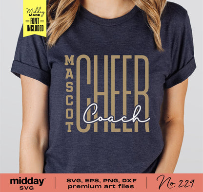 Cheer Coach shirt design featuring 'Mascot Cheer Coach' text, available in SVG, PNG, DXF formats for Cricut and Silhouette cutting.