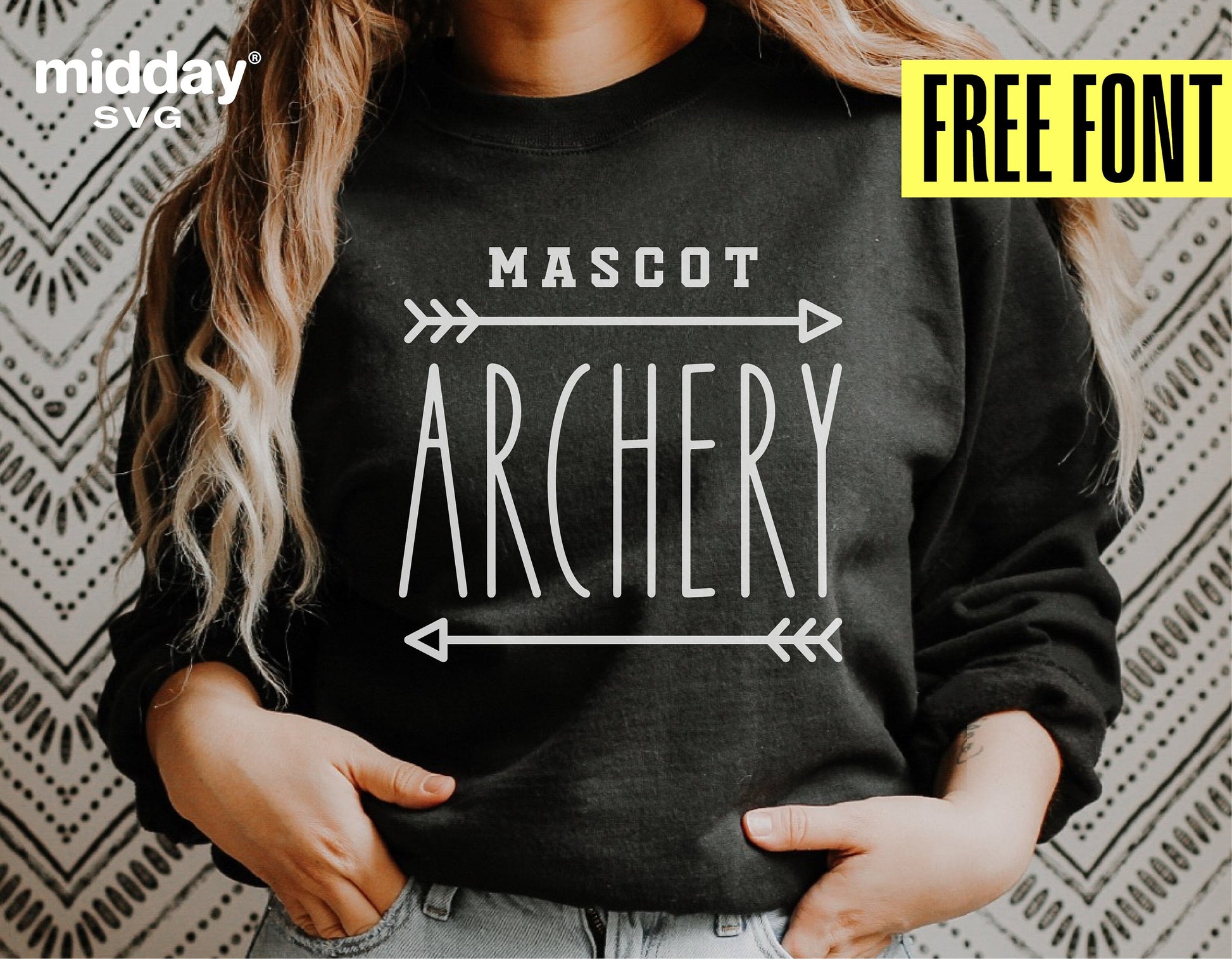 Woman wearing a black shirt with 'Mascot Archery' design, perfect for archery enthusiasts, available with free font and SVG files.