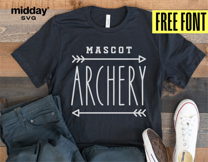 Black t-shirt with 'Mascot Archery' design, displayed with jeans and sneakers, featuring free font offer by Midday SVG.
