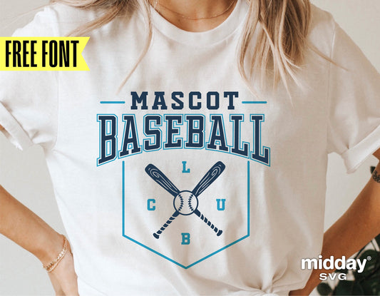 Baseball club shirt with crossed bats and ball design, featuring "Mascot Baseball Club" text, ideal for Cricut and Silhouette projects.