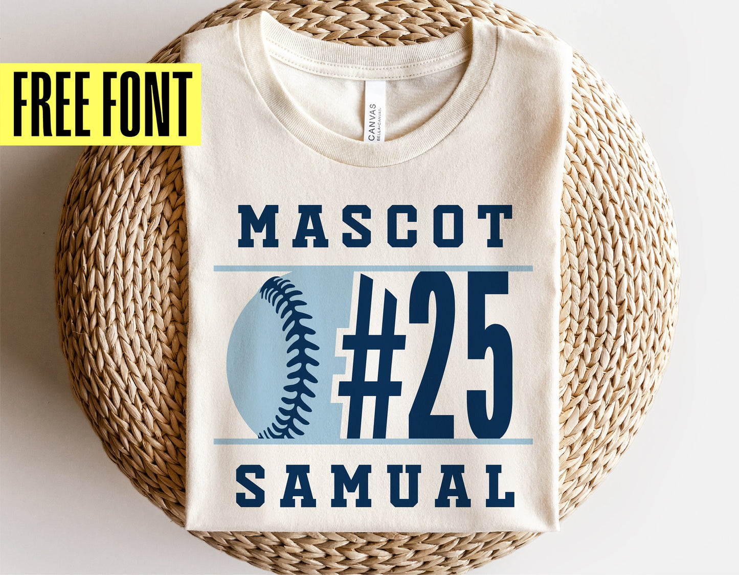 Custom baseball team shirt with number 25 and name Samual design, featuring a free font offer.