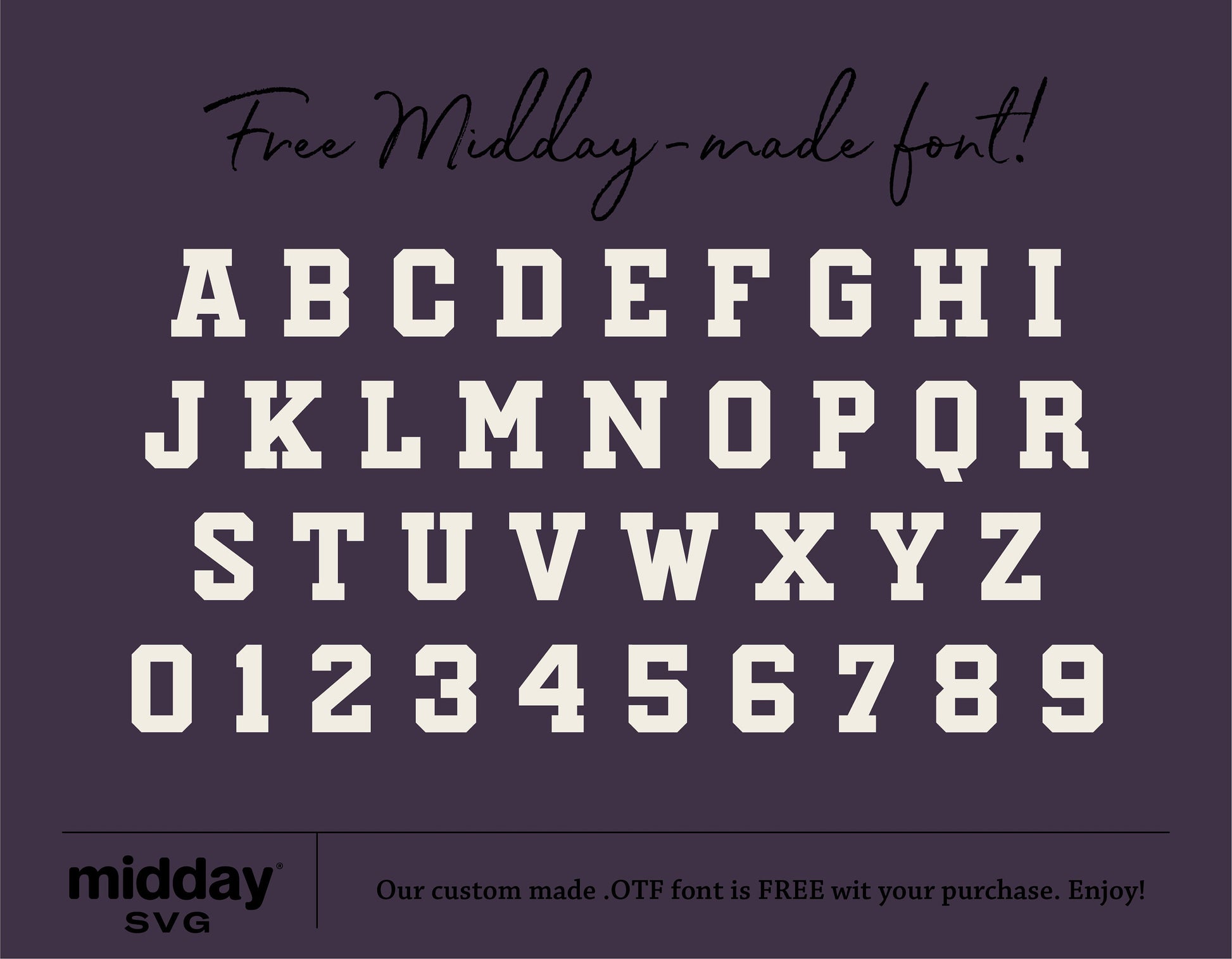 Block alphabet and numbers in bold font, offered as a free midday-made OTF font with purchase.