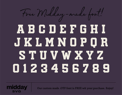 Block alphabet and numbers in bold font, offered as a free midday-made OTF font with purchase.