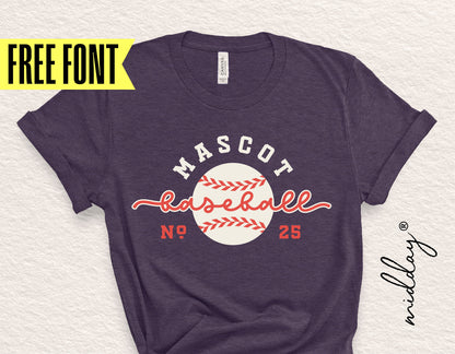 Customizable baseball team shirt design with mascot and number 25, featuring a free font offer.