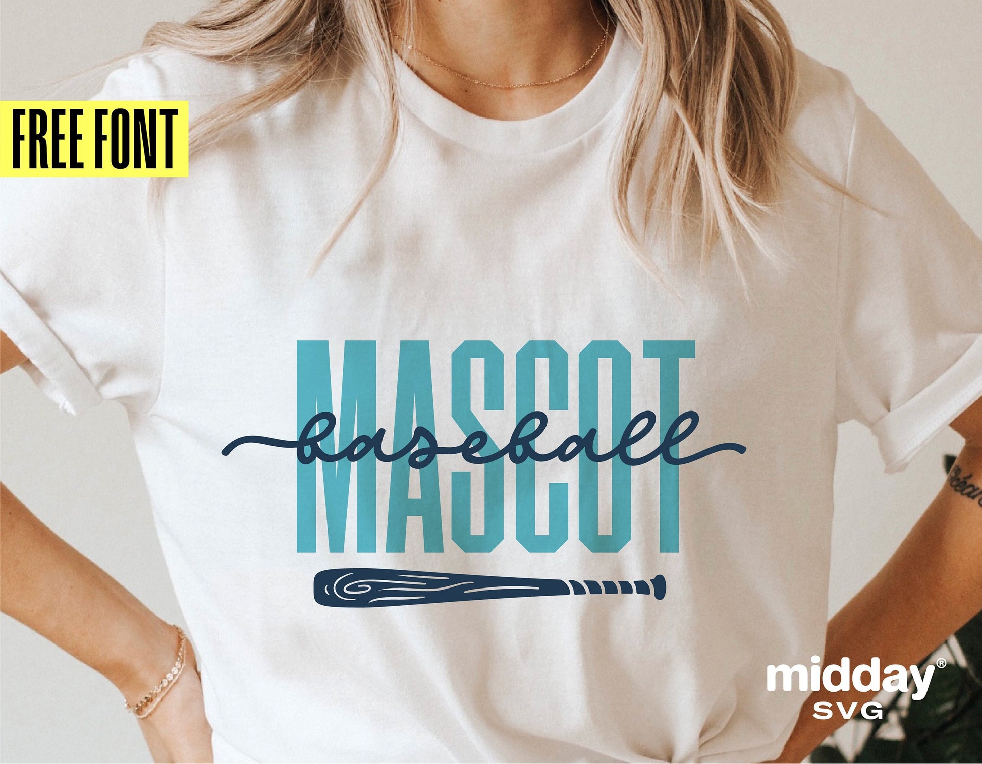 Woman wearing white t-shirt with 'Mascot Baseball' SVG design featuring a baseball bat graphic.