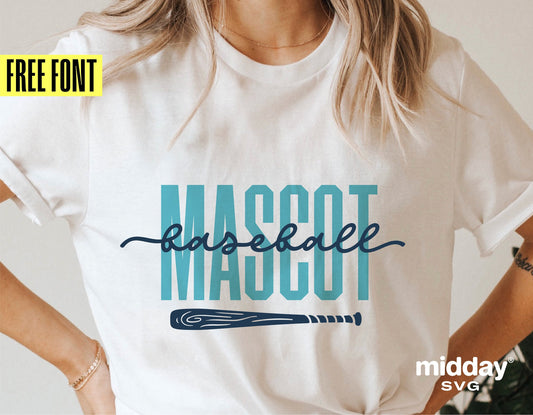 Woman wearing white t-shirt with 'Mascot Baseball' SVG design featuring a baseball bat graphic.