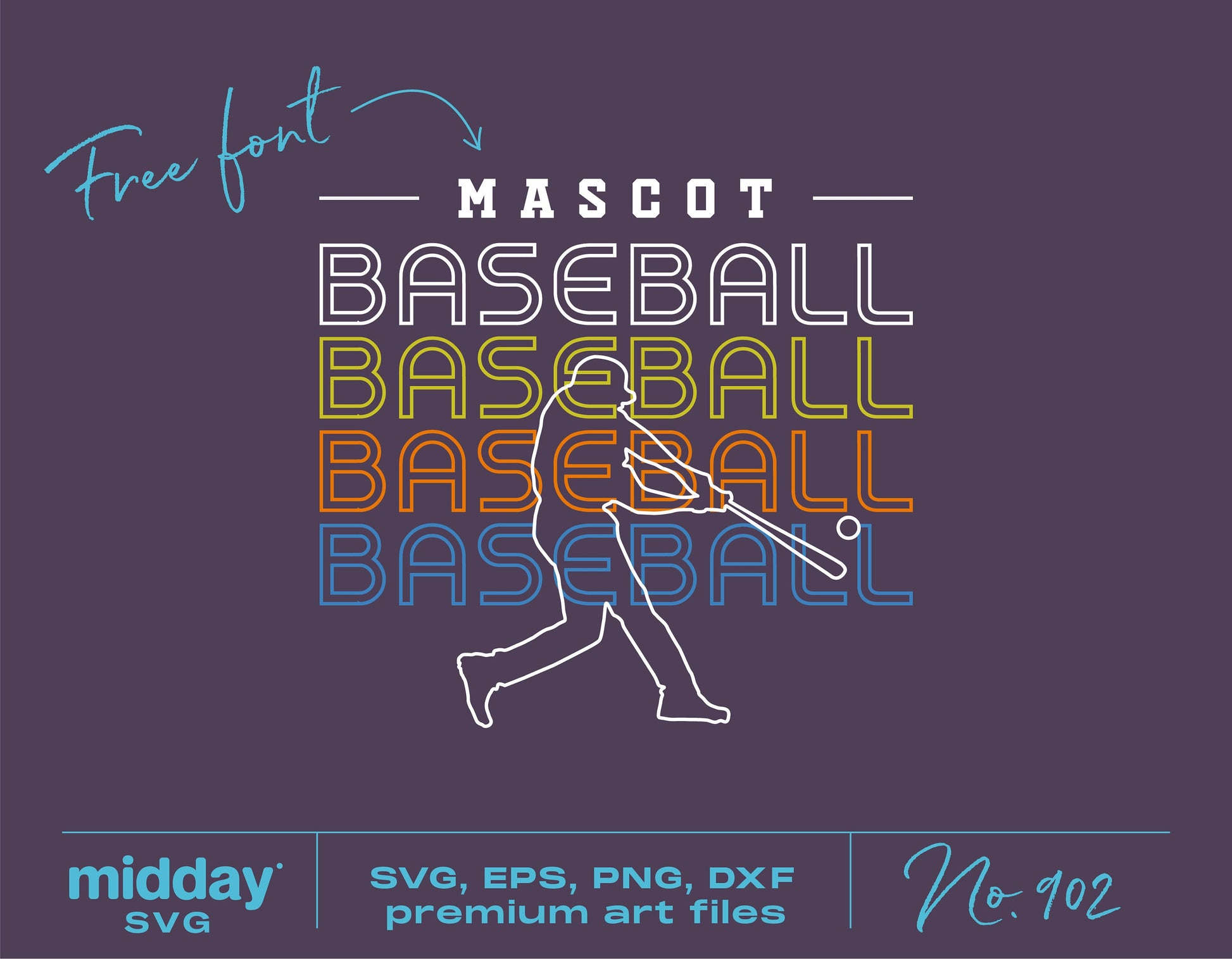 Colorful baseball SVG design for teams and DIY projects featuring silhouette of player and mascot text, suitable for Cricut and Silhouette.
