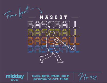 Colorful baseball SVG design for teams and DIY projects featuring silhouette of player and mascot text, suitable for Cricut and Silhouette.