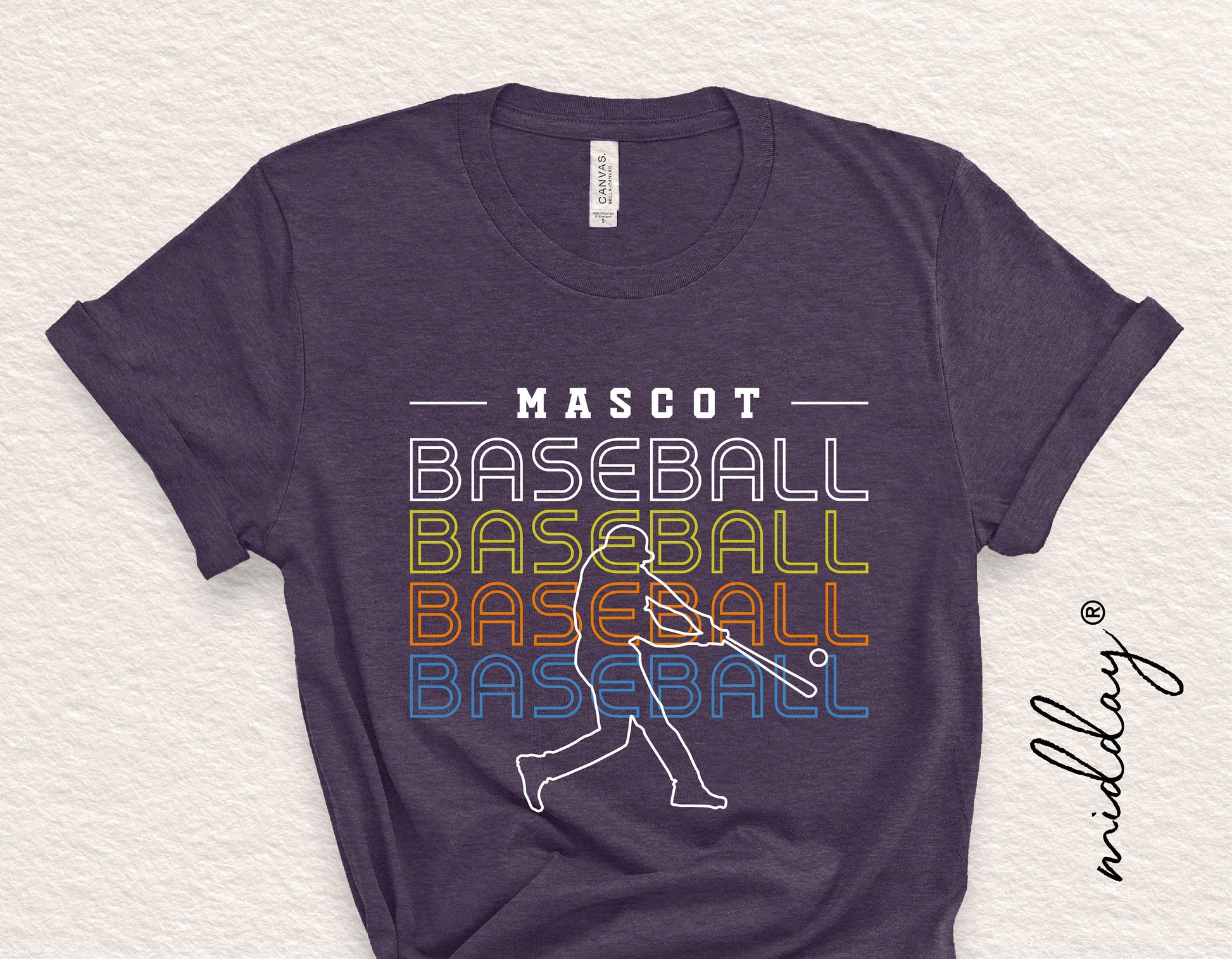 Vintage-style t-shirt featuring colorful 'Baseball' design and player silhouette, perfect for sports fans and team pride.