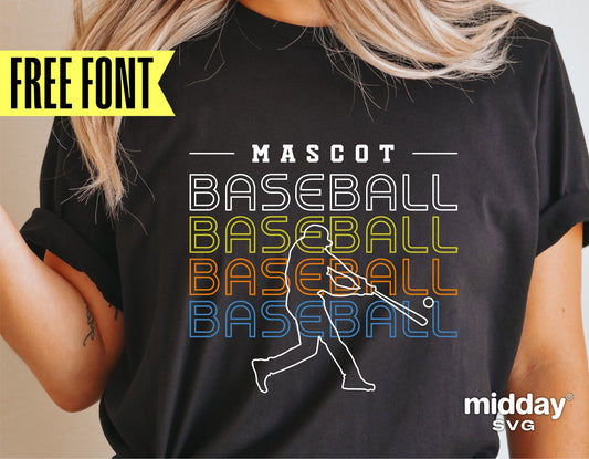 Person wearing a black shirt with colorful text 'Mascot Baseball' featuring a baseball player design, highlighting free font offer.
