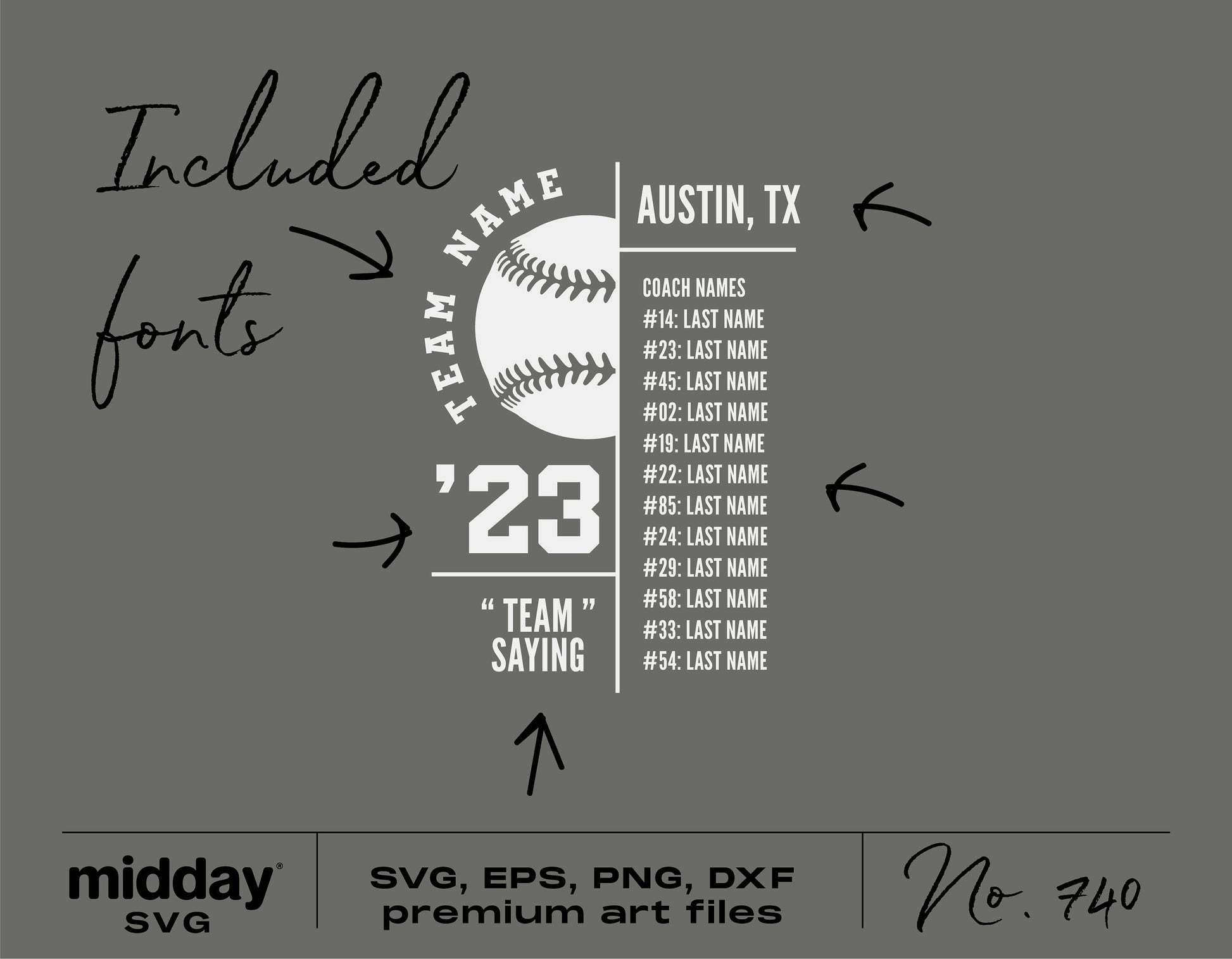 Baseball team roster template SVG with customizable text areas, included fonts, and various file formats for Cricut and Silhouette projects.