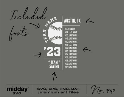 Baseball team roster template SVG with customizable text areas, included fonts, and various file formats for Cricut and Silhouette projects.